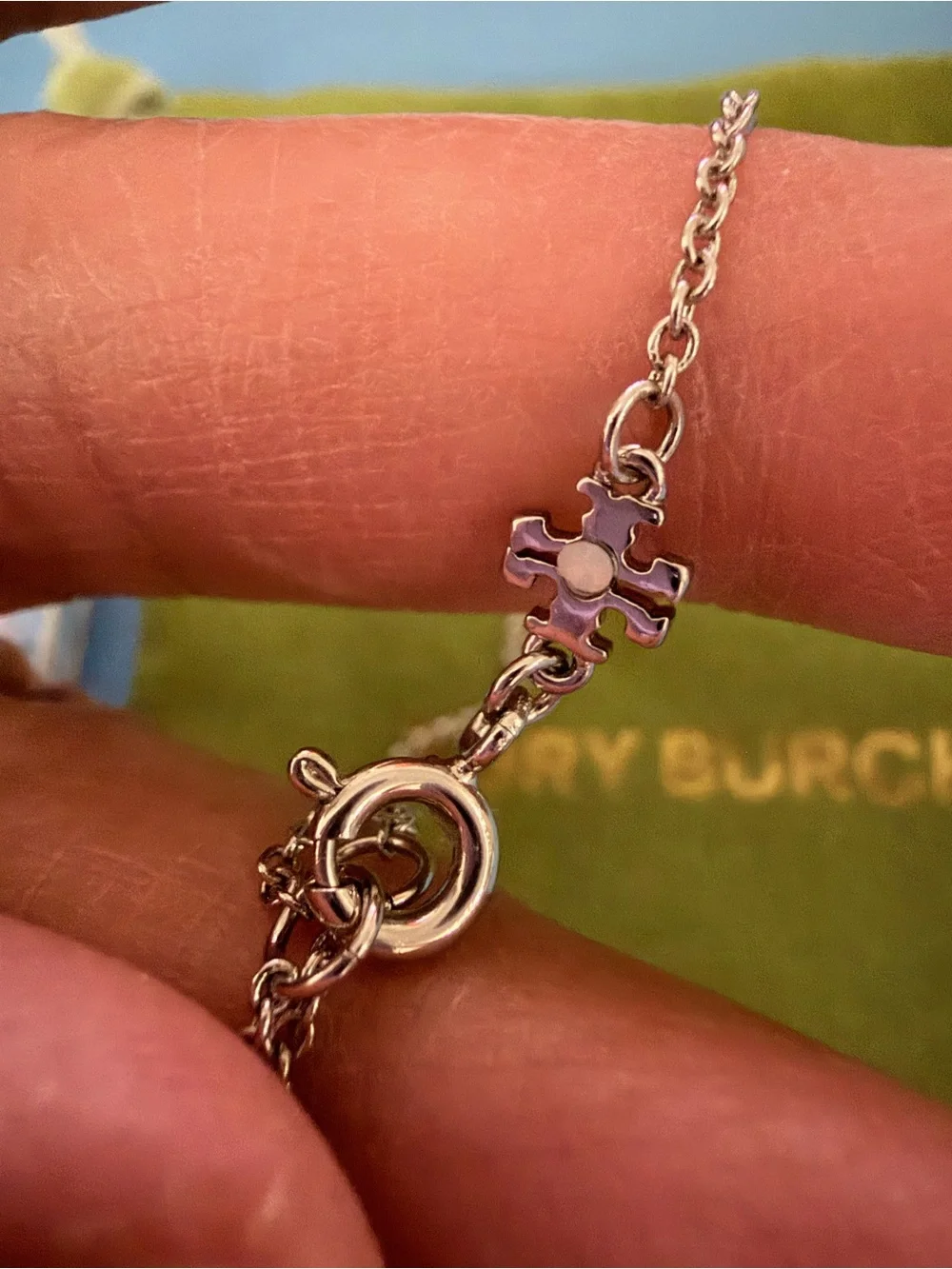Tory Burch Green Clover Logo Pendant Necklace with Silver Chain 16-18 inches